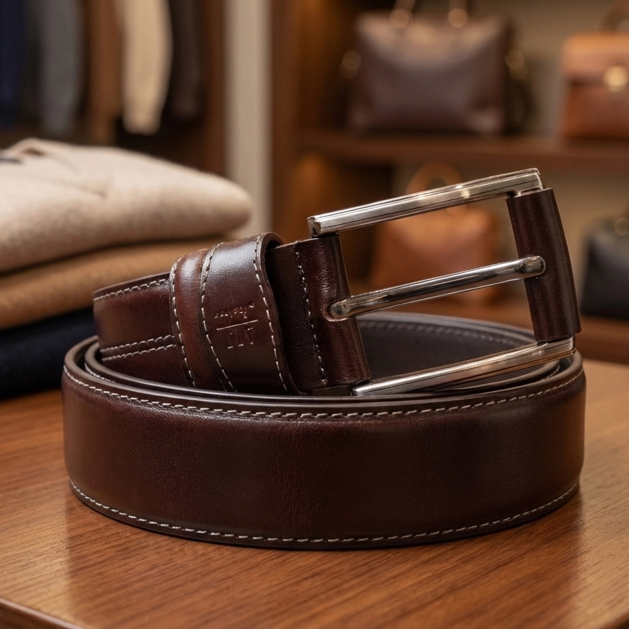 প্রিমিয়াম গাঢ় বাদামী চামড়ার বেল্ট - সিলভার বকলেস এবং কন্ট্রাস্ট স্টিচিং