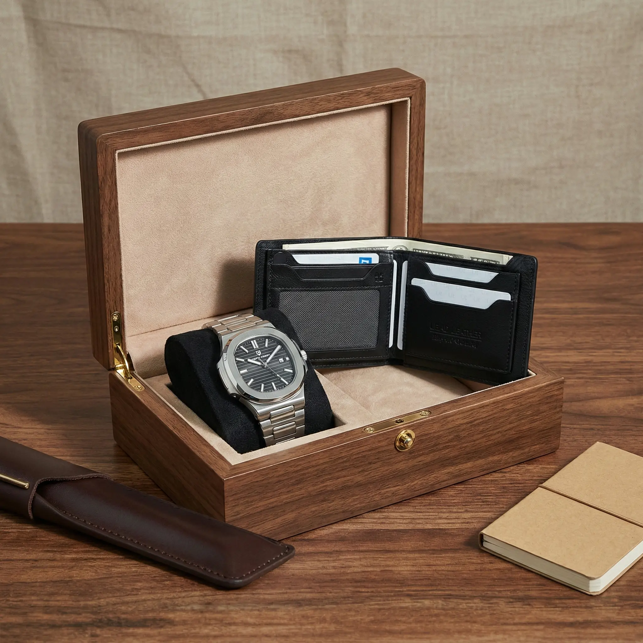 প্রিমিয়াম লাক্সারি ওয়াচ ও  এক্সপোর্ট কোয়ালিটি লেদার মানিব্যাগ কম্বো প্যাকেজ - Wallet Watch Combo Offer