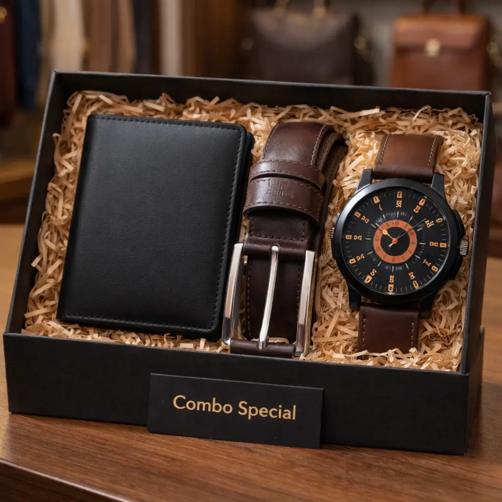 ৩-ইন-১ প্রিমিয়াম লেদার গিফট কম্বো সেট - ওয়ালেট, বেল্ট এবং ঘড়ি | eMartBay